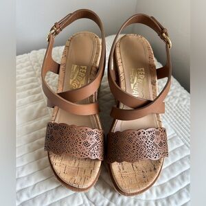 Salvatore Ferragamo Laser Cut Platform Wedge Sandals Brown Size 5.5 M